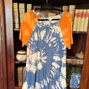 Dilator Carley Tie-Dye Blue and White Swing Dress with Orange Raglan Sleeves